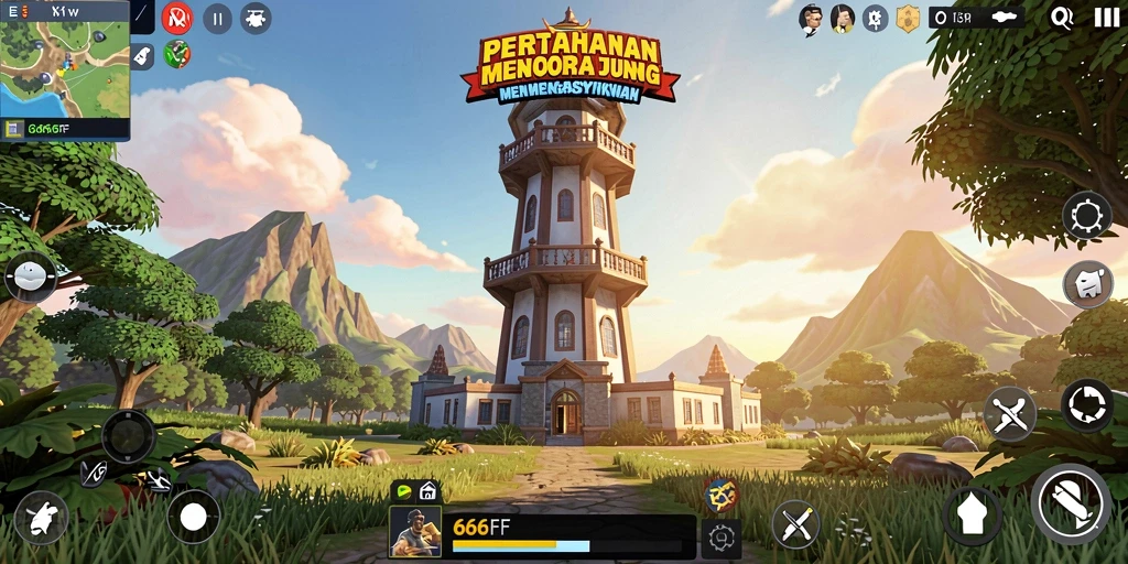 Tangkapan layar permainan Tower Defense dengan menara yang berfungsi.