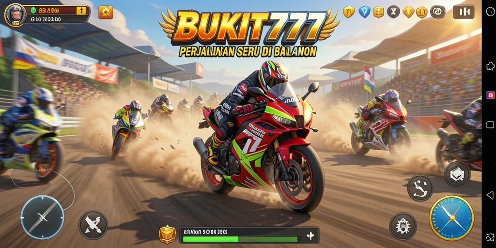 Tampilan gameplay seru BUKIT777 dengan motor balap di lintasan.
