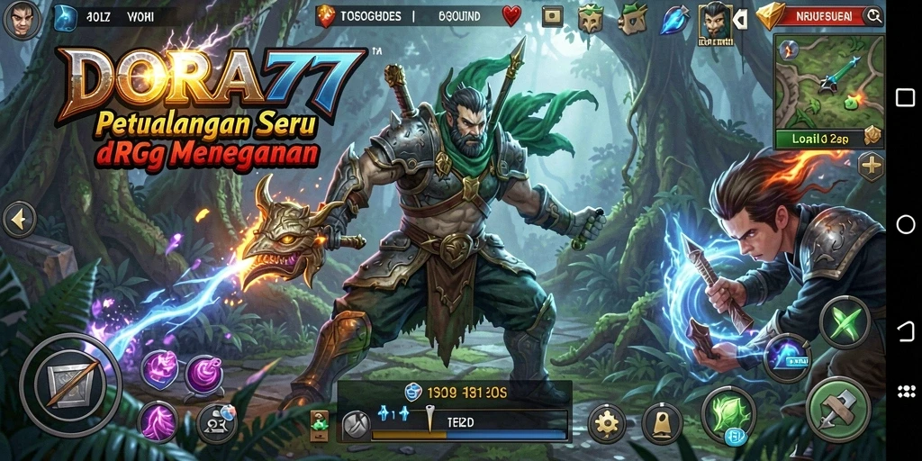 Tangkapan layar gameplay DORA77 menampilkan pertempuran epik dan pemandangan yang menakjubkan.