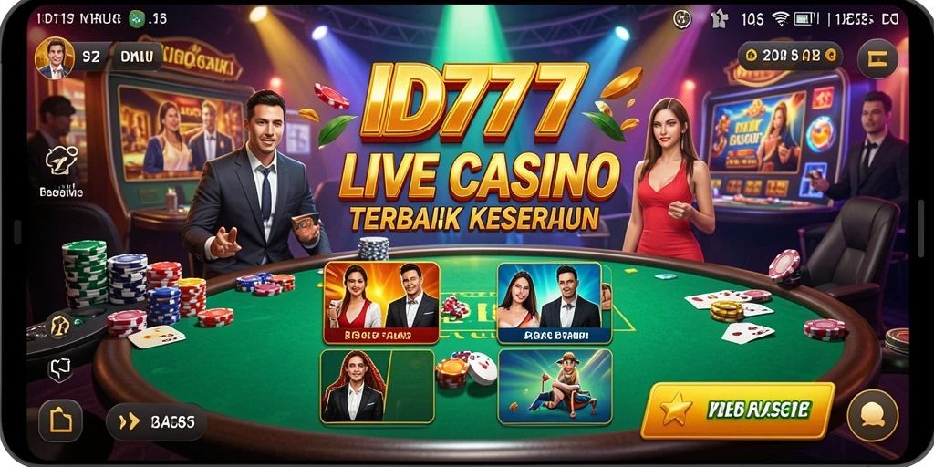 Screenshot gameplay ID777 menampilkan dealer langsung dan suasana casino yang mendebarkan.