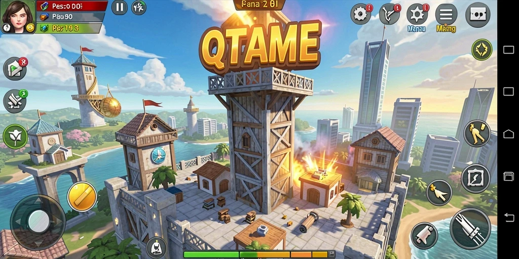 Tangkapan layar menunjukkan gameplay seru dalam QTGAME dengan berbagai menara pertahanan.