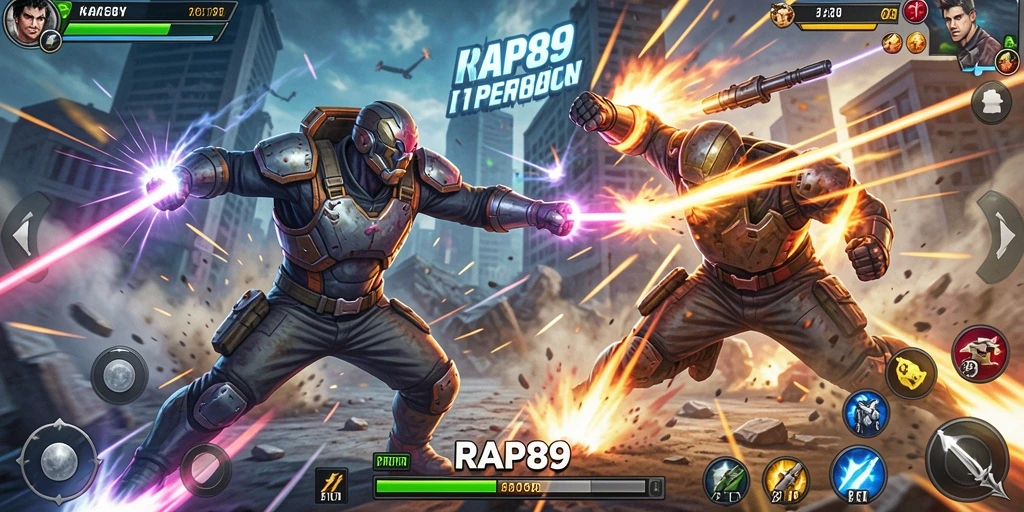 Screenshot menunjukkan karakter bertarung di arena yang dinamis.