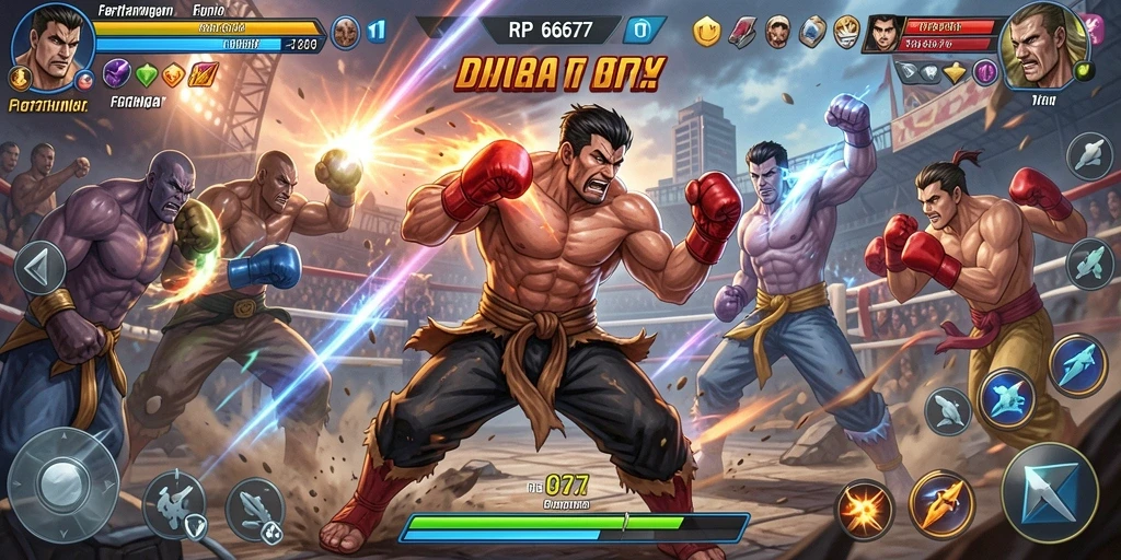 Tampilan gameplay RP6677 menampilkan pertarungan yang intens dan karakter yang beragam.